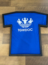 Load image into Gallery viewer, TheGuyWhoDancesOnCongress Trefoil TGWDOC Logo Tee (White Ink on Blue Shirt)