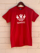 Load image into Gallery viewer, TheGuyWhoDancesOnCongress Trefoil TGWDOC Logo Tee (White Ink on Red Shirt)