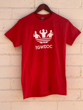Load image into Gallery viewer, TheGuyWhoDancesOnCongress Trefoil TGWDOC Logo Tee (White Ink on Red Shirt)
