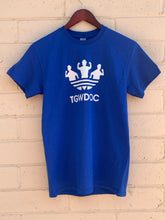 Load image into Gallery viewer, TheGuyWhoDancesOnCongress Trefoil TGWDOC Logo Tee (White Ink on Blue Shirt)
