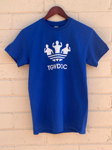TheGuyWhoDancesOnCongress Trefoil TGWDOC Logo Tee (White Ink on Blue Shirt)